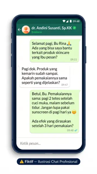 Mockup WhatsApp Business dengan chat profesional antara admin dokter (dr. Andini Susanti) dan pasien luar kota tentang pemakaian skincare, ramah dan informatif