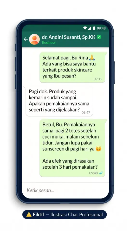 Mockup WhatsApp Business dengan chat profesional antara admin dokter (dr. Andini Susanti) dan pasien luar kota tentang pemakaian skincare, ramah dan informatif