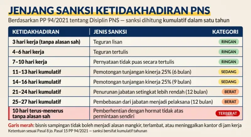 Tabel jenjang sanksi ketidakhadiran PNS berdasarkan PP 94/2021: dari teguran lisan 3 hari hingga pemberhentian 10 hari terus-menerus