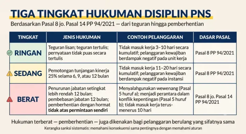 Tabel tiga tingkat hukuman disiplin PNS berdasarkan PP 94/2021: ringan teguran, sedang pemotongan tunjangan kinerja 25 persen, berat penurunan jabatan hingga pemberhentian