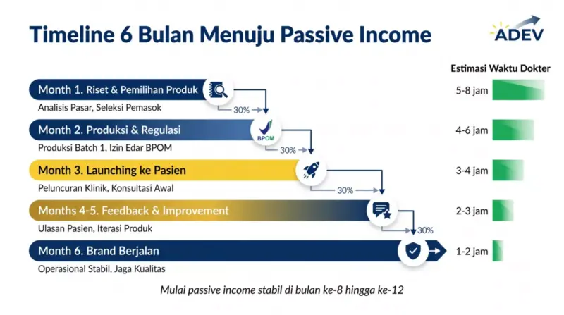 Infografik timeline 6 bulan menuju passive income dari brand skincare untuk dokter — fase Riset, Produksi, Launch, Feedback, dan Brand Berjalan dengan estimasi waktu per fase