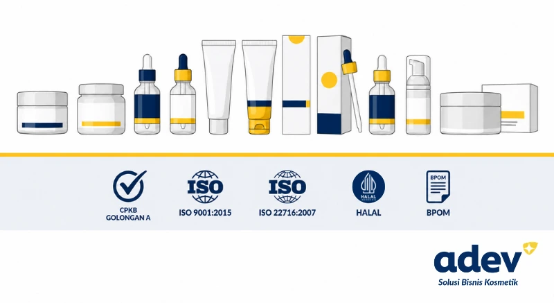 Banner kepercayaan ADEV: deretan produk kosmetik hasil produksi dan simbol sertifikasi CPKB, ISO, Halal, BPOM.