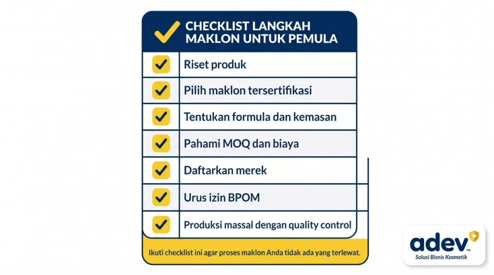 Checklist visual langkah maklon untuk pemula online shop: riset, maklon, formula, MOQ, merek, BPOM, produksi