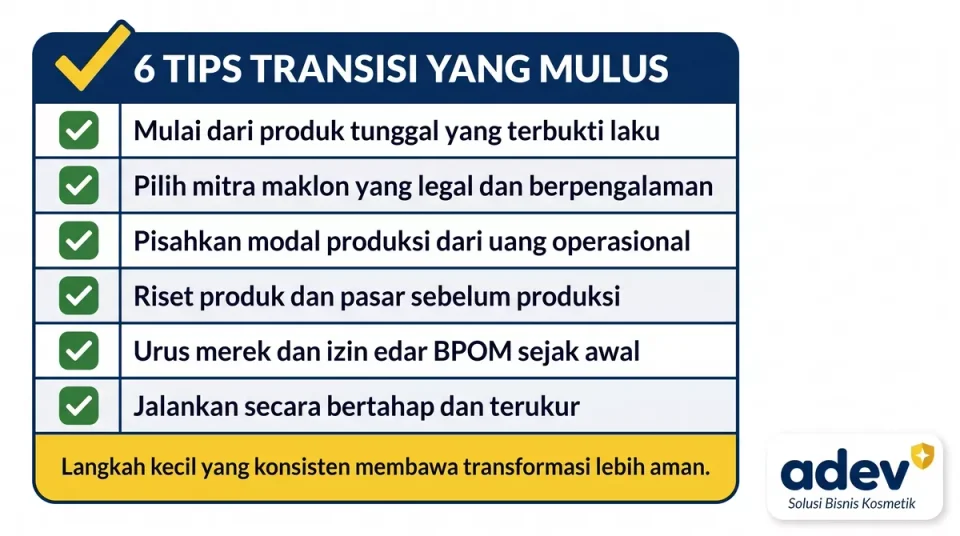 Checklist tips transisi reseller ke produsen: produk tunggal, mitra legal, modal terpisah, langkah bertahap