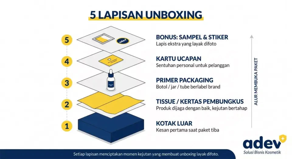 Diagram 5 lapisan unboxing kemasan kosmetik: kotak luar, tissue, primer packaging, kartu ucapan, dan sampel atau stiker bonus