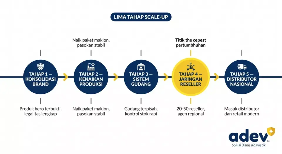 Diagram timeline horizontal lima tahap scale-up bisnis online shop dari Konsolidasi Brand, Kenaikan Produksi, Sistem Gudang, Jaringan Reseller, sampai Distributor Nasional