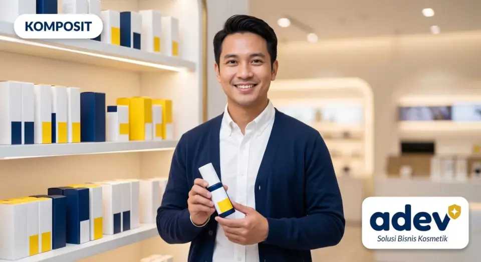 Foto ilustrasi komposit pria Indonesia pemilik brand skincare tersenyum memegang serum hasil brand sendiri di depan rak produknya 