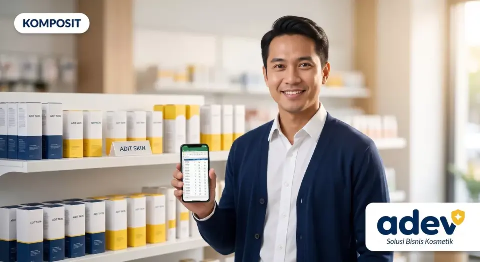 Foto ilustrasi komposit pria Indonesia pemilik brand skincare tersenyum tenang memegang ponsel menampilkan spreadsheet stok di depan rak produk brand Adit Skin
