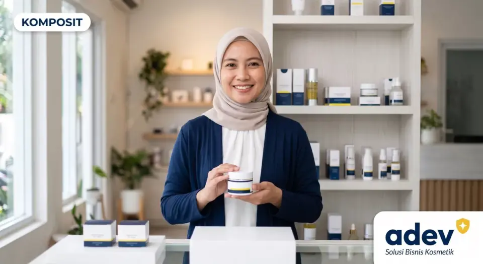 Foto ilustrasi komposit perempuan Indonesia berhijab pemilik brand skincare tersenyum memegang day cream hasil brand sendiri di depan etalase tokonya, dengan label KOMPOSIT di pojok kiri atas, palet navy kuning putih, logo ADEV pojok kanan bawah