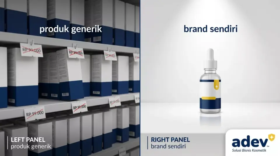Foto split komparasi dua panel: panel kiri rak etalase penuh kemasan serum generik identik dengan label harga coret, panel kanan satu kemasan serum brand sendiri premium berdiri di meja bersih dengan pencahayaan studio, palet navy kuning putih, logo ADEV pojok kanan bawah