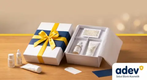 Foto profesional close-up hampers skincare elegan di atas meja kayu, kotak kemasan Deep Navy dengan pita Bright Yellow, berisi serum, facial wash, dan kartu ucapan kecil yang tertata rapi, pencahayaan studio hangat