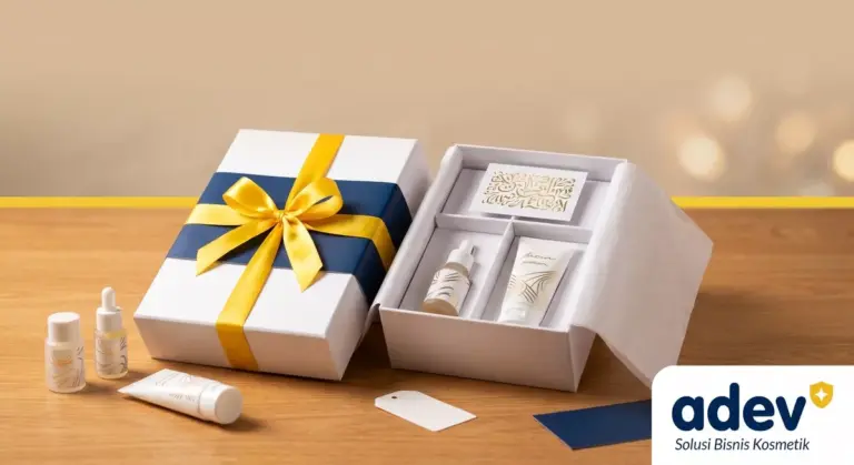 Foto profesional close-up hampers skincare elegan di atas meja kayu, kotak kemasan Deep Navy dengan pita Bright Yellow, berisi serum, facial wash, dan kartu ucapan kecil yang tertata rapi, pencahayaan studio hangat