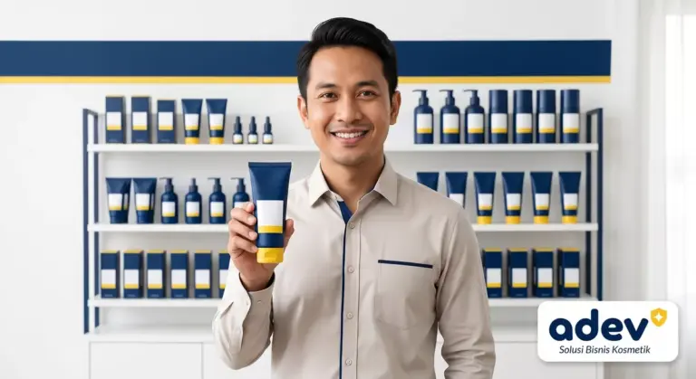 Owner online shop pria Indonesia tersenyum percaya diri memegang produk kosmetik brand sendiri di depan rak produk