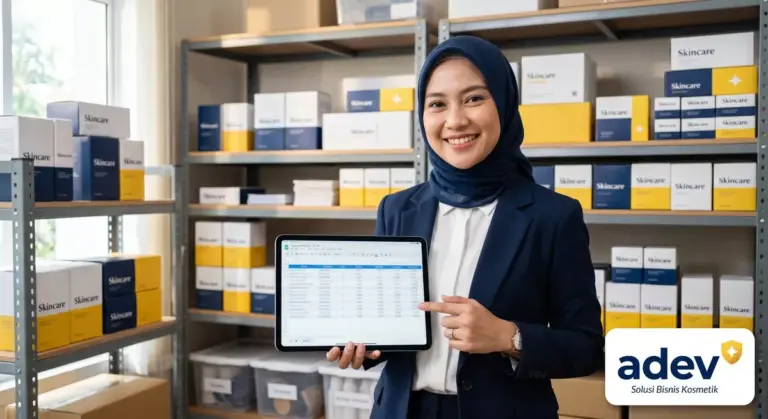 Perempuan Indonesia berhijab tersenyum pemilik toko online memegang tablet berisi spreadsheet stok di depan rak skincare brand sendiri dalam gudang kecil tertata rapi