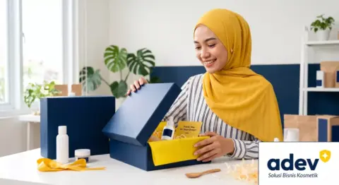 Perempuan pemilik online shop berhijab kuning tersenyum membuka paket unboxing kosmetik premium kotak navy berisi serum dan kartu ucapan di studio terang