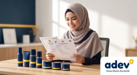 Perempuan Indonesia berhijab memeriksa dokumen legalitas merek dan izin BPOM di meja produk skincare tersusun rapi