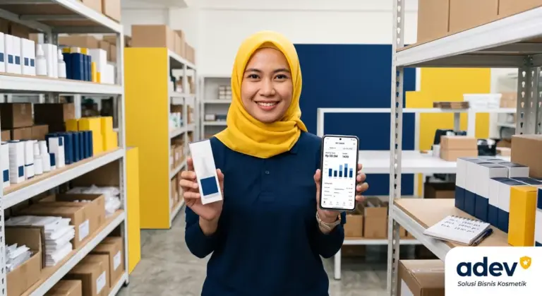 Perempuan pemilik online shop berhijab tersenyum di depan rak stok gudang rapi, memegang produk kosmetik retail dan smartphone data penjualan, palet navy kuning putih
