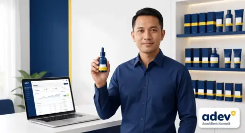 Owner olshop pria Indonesia memegang serum kosmetik brand sendiri untuk investasi aset digital brand kosmetik