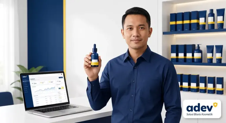 Owner olshop pria Indonesia memegang serum kosmetik brand sendiri untuk investasi aset digital brand kosmetik