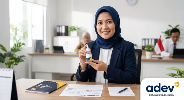 Foto profesional perempuan PNS Indonesia berhijab tersenyum percaya diri mengenakan blazer navy sambil memegang kemasan serum kosmetik premium, dengan dokumen koperasi dan slip gaji di meja kerja, latar kantor instansi modern dengan aksen navy dan kuning, palet navy kuning putih, logo ADEV pojok kanan bawah