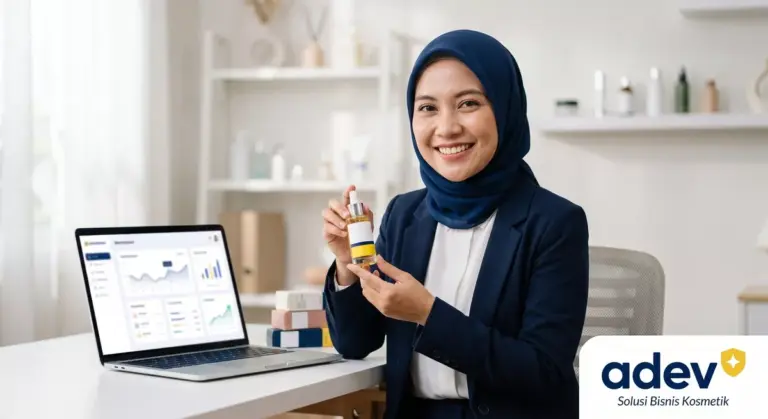 Foto profesional perempuan pemilik toko online Indonesia berhijab tersenyum percaya diri memegang kemasan serum kosmetik premium hasil brand sendiri, dengan laptop menampilkan dashboard marketplace di meja, nuansa toko modern bersih, palet navy kuning putih, logo ADEV pojok kanan bawah