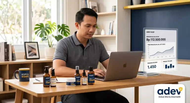 Pria Indonesia owner online shop mengecek laporan omzet di layar laptop dengan produk skincare tersusun rapi di meja kerja