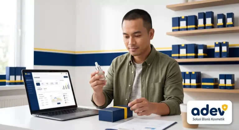 Tokoh komposit owner online shop pria Indonesia memegang sampel serum kosmetik untuk panduan maklon pemula online shop