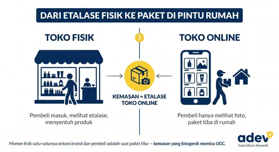 Infografik perbandingan toko fisik dan toko online: keduanya bertemu pada kemasan sebagai etalase toko online yang memicu unboxing dan UGC