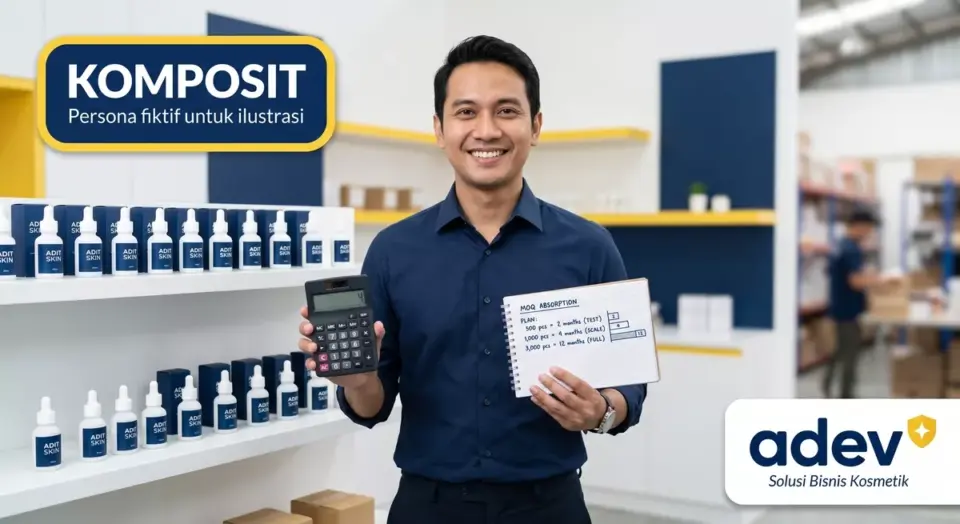 Ilustrasi komposit pria Indonesia pemilik brand skincare Adit Skin tersenyum memegang kalkulator dan notebook perhitungan serapan MOQ dengan label KOMPOSIT