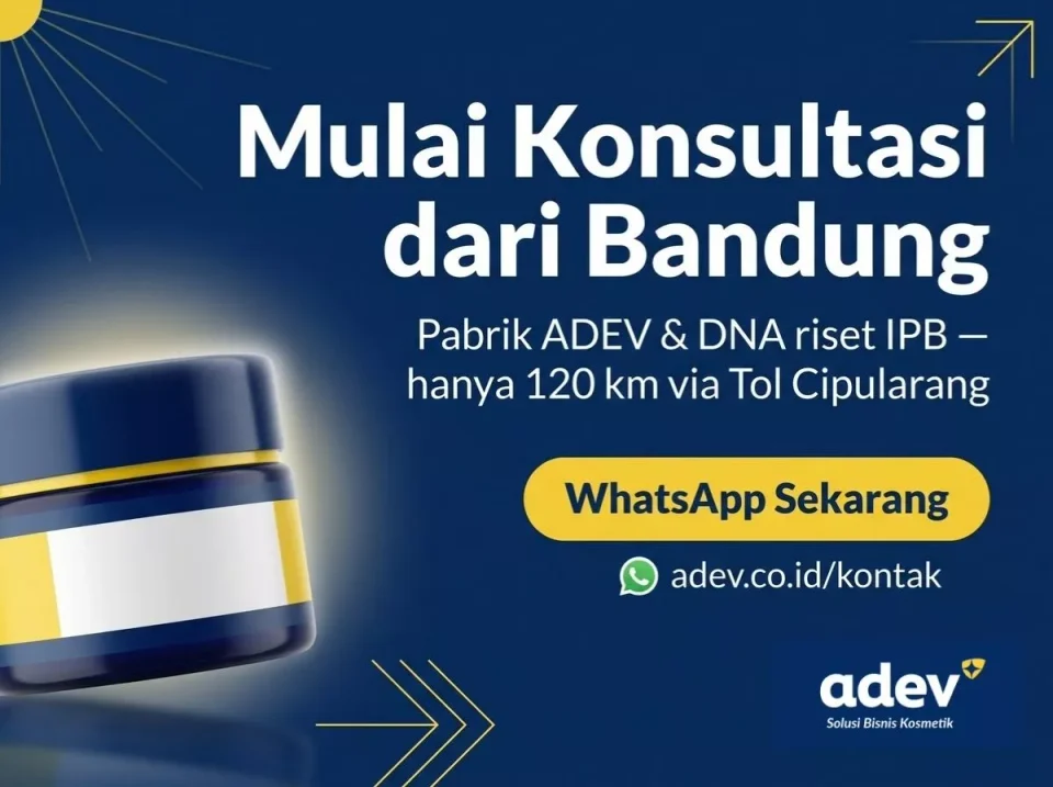 Ajakan konsultasi gratis maklon kosmetik Bandung ADEV via WhatsApp untuk mulai produksi brand kosmetik sendiri