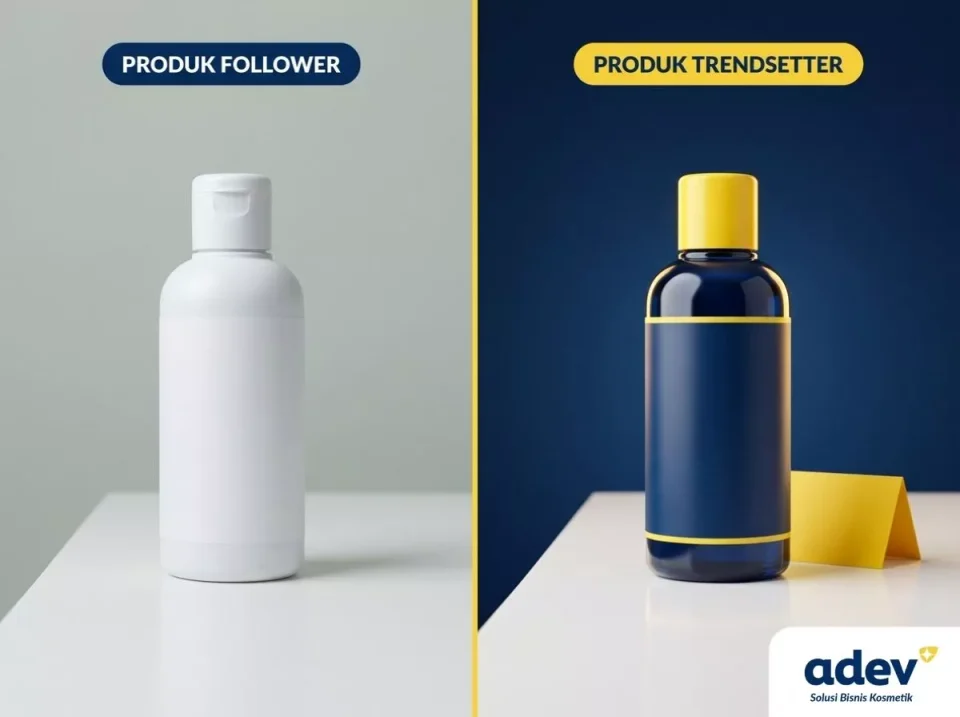 Perbandingan produk follower polos dan produk trendsetter premium hasil request formulasi unik maklon