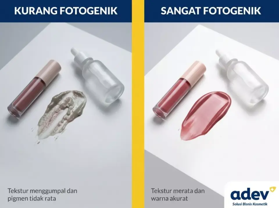 Perbandingan produk kurang fotogenik dan sangat fotogenik dari tekstur dan warna produk skincare