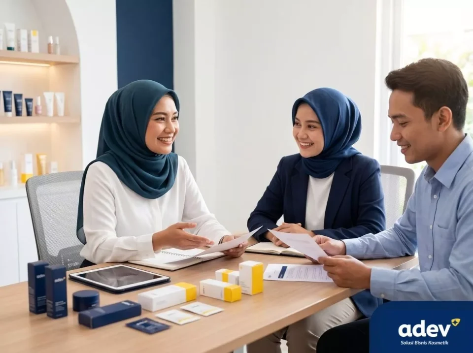 Brand owner perempuan berhijab berdiskusi dengan tim maklon kosmetik Bandung ADEV di ruang konsultasi pabrik