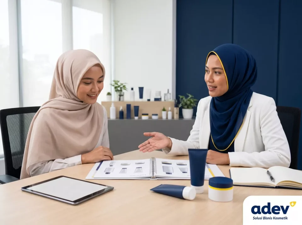 Business Consultant ADEV berhijab menunjukkan katalog kemasan camera ready produk kosmetik