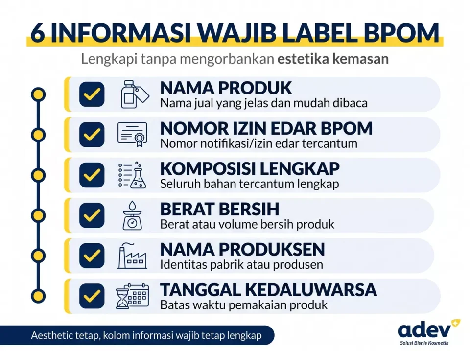 Checklist 6 informasi wajib label BPOM pada kemasan camera ready produk kosmetik dengan ikon