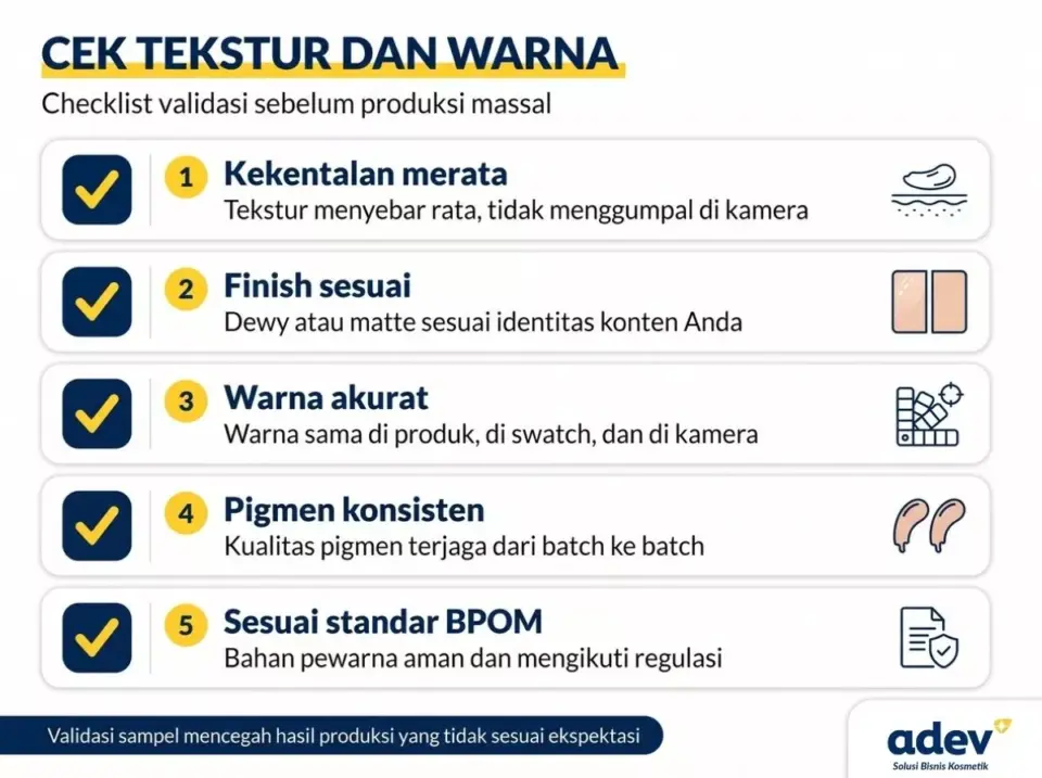 Checklist cek tekstur dan warna produk skincare: kekentalan merata, finish sesuai, warna akurat, pigmen konsisten