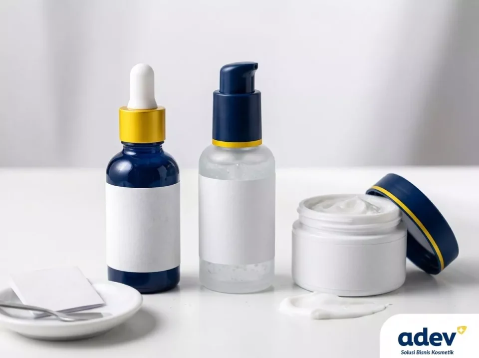 Close-up tiga botol serum berbeda warna dan tekstur untuk request formulasi unik maklon produk kosmetik