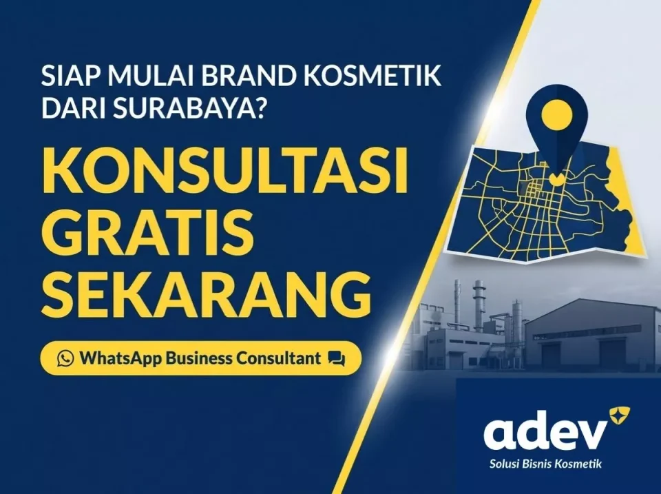 Banner ajakan konsultasi gratis maklon kosmetik Surabaya dengan pabrik Level A ADEV untuk brand Jawa Timur