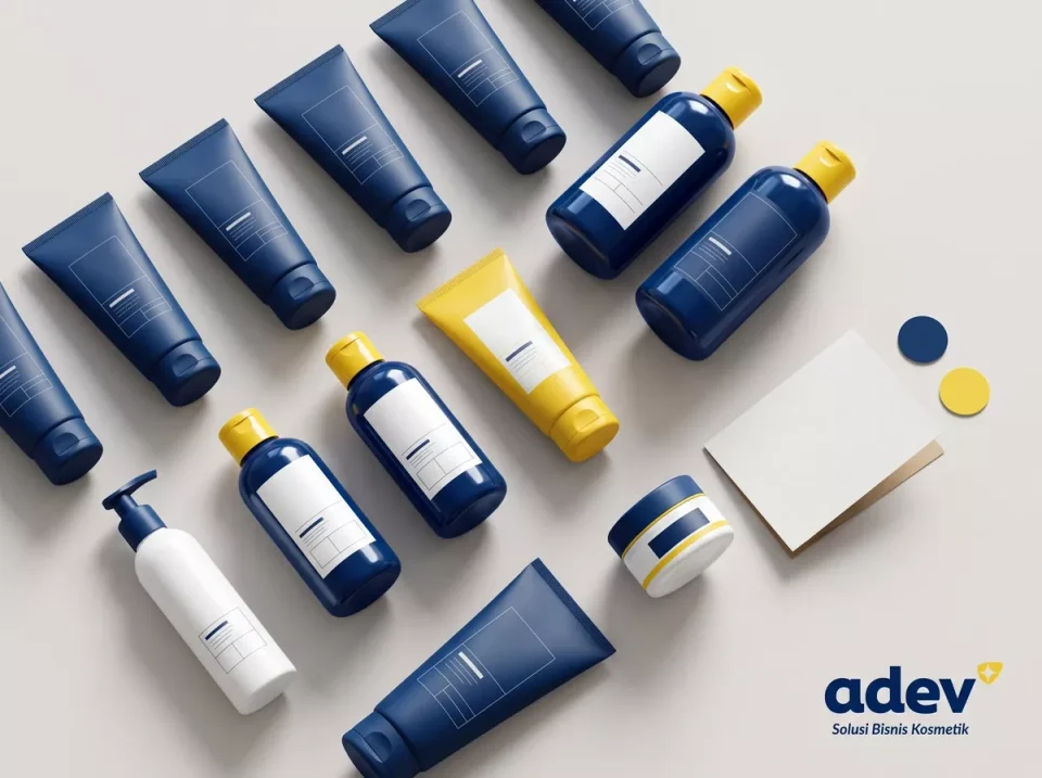 Deretan tube dan botol kemasan camera ready produk kosmetik dalam flat lay warna navy kuning