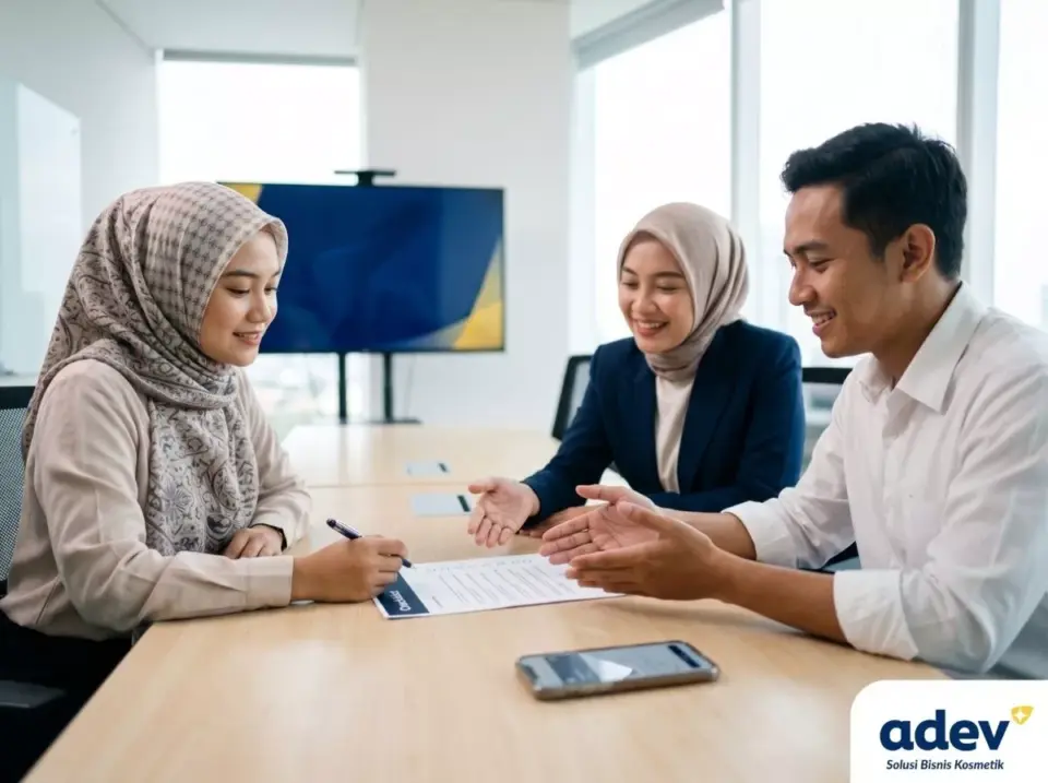 Sesi konsultasi influencer berhijab bersama 2 konsultan ADEV membahas dokumen legalitas pabrik maklon di ruang meeting