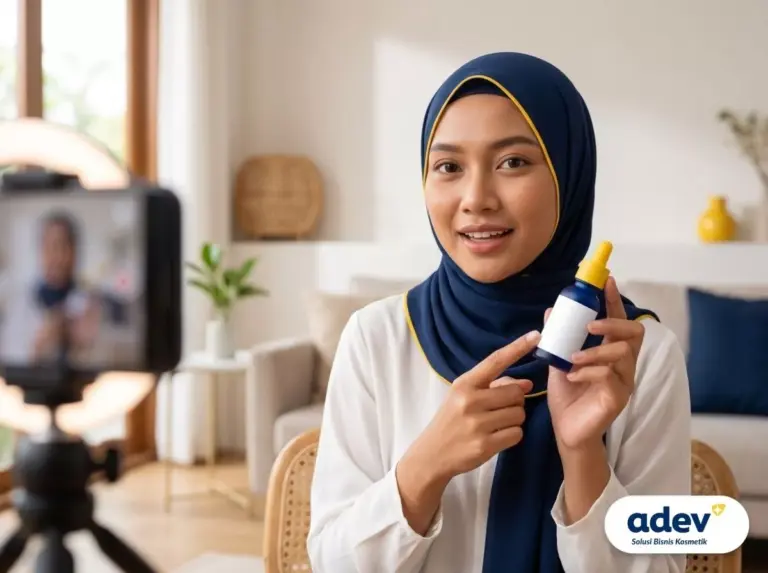 Beauty influencer Indonesia berhijab merekam konten skincare sambil memegang serum, cara monetisasi followers instagram