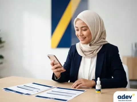 Influencer berhijab memegang 1 botol serum sambil mengecek nomor notifikasi BPOM di ponsel sebelum tanda tangan kerja sama