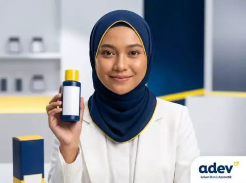 Content creator Indonesia berhijab memegang produk skincare brand sendiri, ide bisnis content creator pemula
