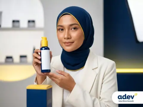 Beauty influencer Indonesia berhijab memegang produk skincare brand sendiri, investasi jangka panjang influencer kosmetik