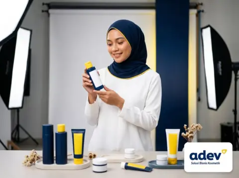 Kemasan camera ready produk kosmetik di meja foto studio, perempuan berhijab memegang produk skincare