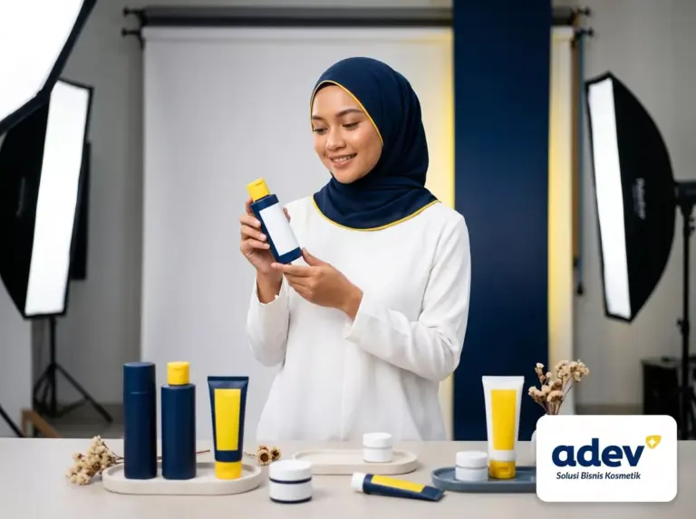 Kemasan camera ready produk kosmetik di meja foto studio, perempuan berhijab memegang produk skincare