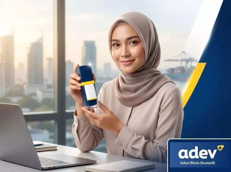Founder atau pengusaha perempuan berhijab Indonesia memegang produk kosmetik dari pabrik maklon kosmetik Surabaya ADEV di Bogor