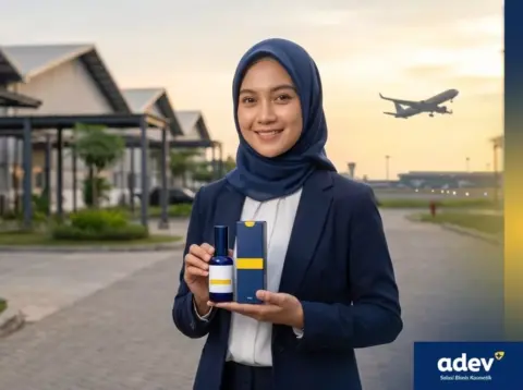 Founder usaha kosmetik berhijab memegang produk kosmetik ekspor, maklon kosmetik Tangerang ADEV di Bogor dekat Bandara Soekarno-Hatta