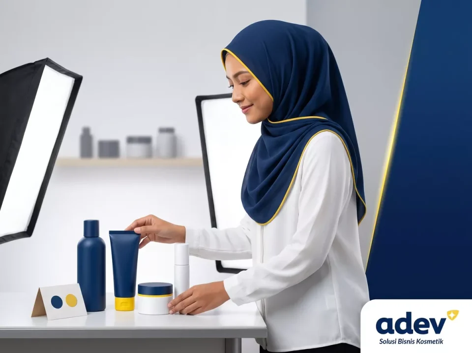 Kemasan camera ready produk kosmetik di meja foto studio, penutup artikel brand influencer