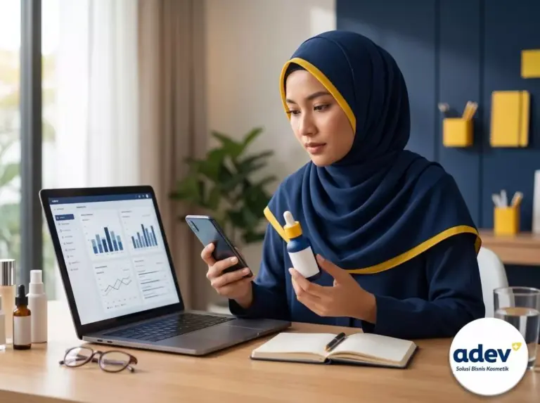 Beauty influencer Indonesia berhijab menghitung keuntungan affiliate vs owner brand kosmetik di meja kerja